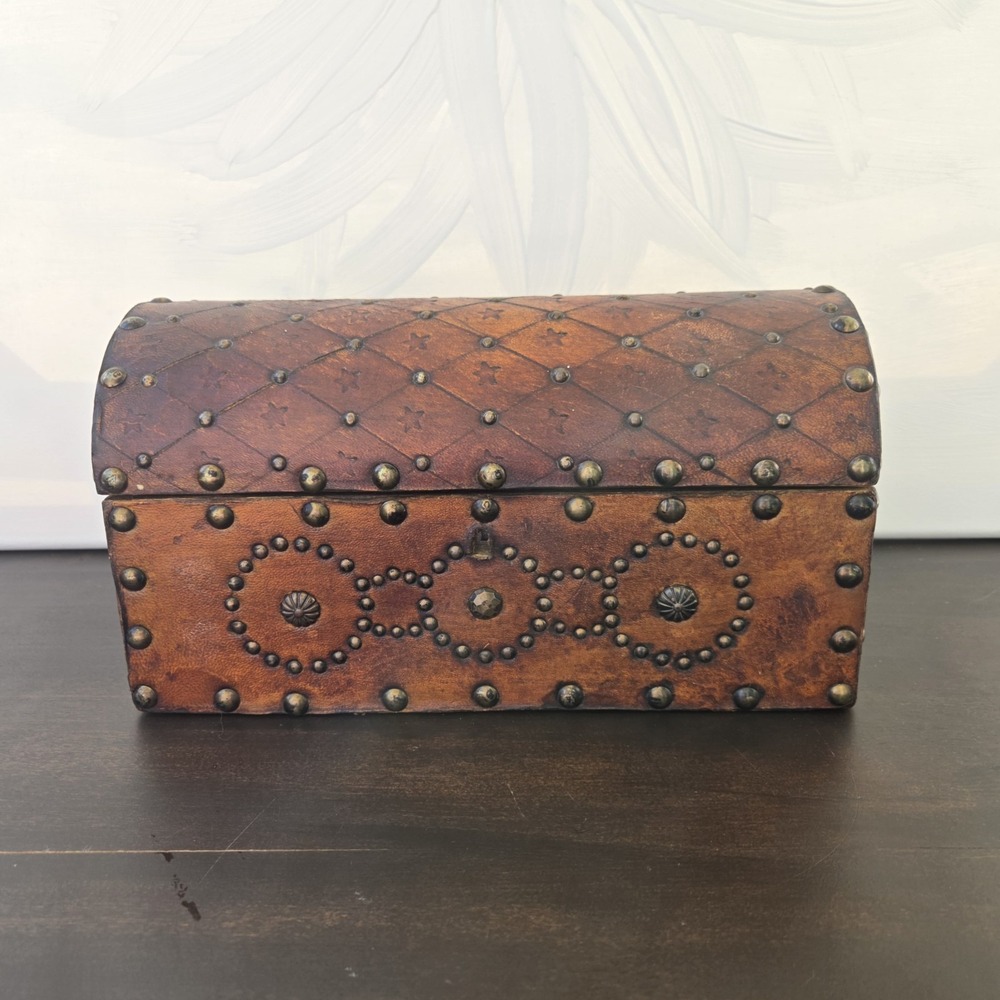 Vintage Spanish Revival Dome-Top Leather-Wrapped Studded Wooden Chest / Box